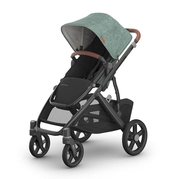 UPPAbaby Vista V3 Stroller - Full-Size Single-to-Double Stroller System - Toddler Seat, Bug Shield, Rain Shield, and Storage Bag Included - Gwen (Green Mélange/Carbon Frame/Saddle Leather) - Image 2