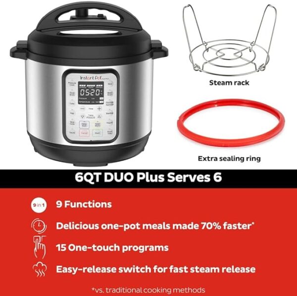 Instant Pot Duo Plus 9-in-1 Electric Pressure Cooker, Slow Cooker, Rice Cooker, Steamer, Sauté, Yogurt Maker, Warmer & Sterilizer, Includes App With Over 800 Recipes, Stainless Steel, 6 Quart - Image 4