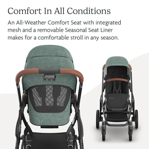 UPPAbaby Vista V3 Stroller - Full-Size Single-to-Double Stroller System - Toddler Seat, Bug Shield, Rain Shield, and Storage Bag Included - Gwen (Green Mélange/Carbon Frame/Saddle Leather) - Image 3