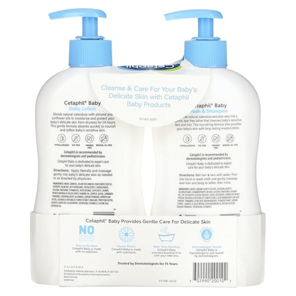 Cetaphil Baby Wash & Shampoo Plus Body Lotion, Healthy Skin Essentials, Head to Toe Hydration for up to 24 Hours, for Delicate, Sensitive Skin, 2-Pack,White - Image 4