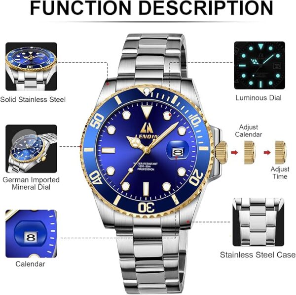 LN LENQIN Mens Watches Stainless Steel Waterproof Analog Quartz Watch for Men with Date Luminous Fashion Wristwatch - Image 2