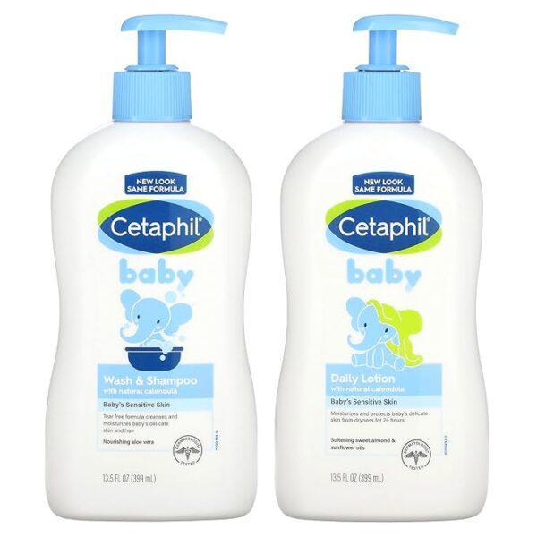 Cetaphil Baby Wash & Shampoo Plus Body Lotion, Healthy Skin Essentials, Head to Toe Hydration for up to 24 Hours, for Delicate, Sensitive Skin, 2-Pack,White