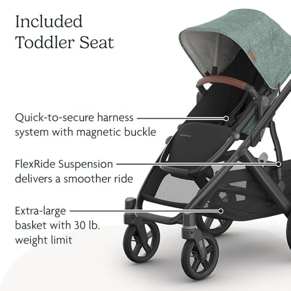 UPPAbaby Vista V3 Stroller - Full-Size Single-to-Double Stroller System - Toddler Seat, Bug Shield, Rain Shield, and Storage Bag Included - Gwen (Green Mélange/Carbon Frame/Saddle Leather) - Image 5