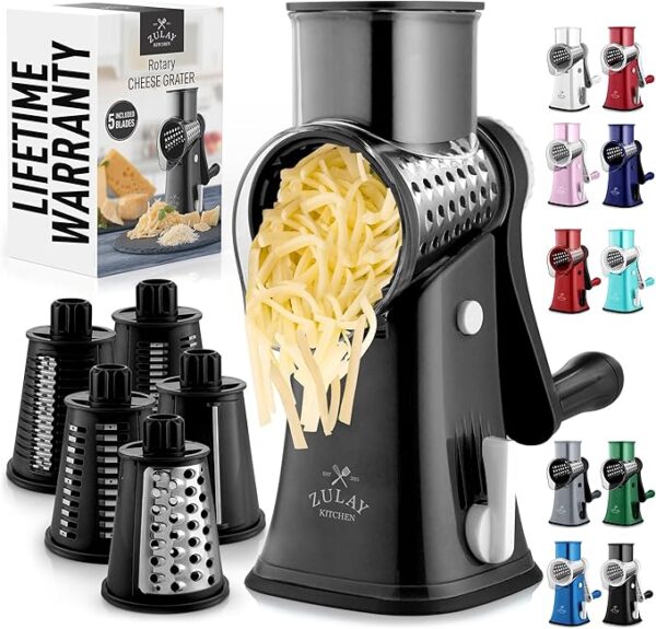 Roll over image to zoom in      7+  6 VIDEOS Zulay Kitchen Rotary Cheese Grater 5 Blade Cheese Shredder - Manual Hand Crank Cheese Grater With Reinforced Suction & 5 Interchangeable Drums - Easy to Use, Vegetable Chopper Round Mandoline Slicer - Image 7