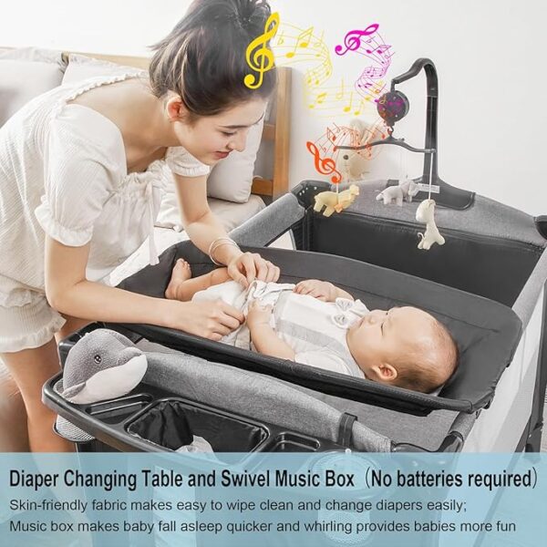 5-in-1 Pack and Play, Baby Bassinet Bedside Sleeper with U-Shaped Diaper Changer, Portable Baby Playard for Newborn Toddlers, Baby Crib with 4 Adjustable Height, Carry Bag, Easy to Install (Black) - Image 6