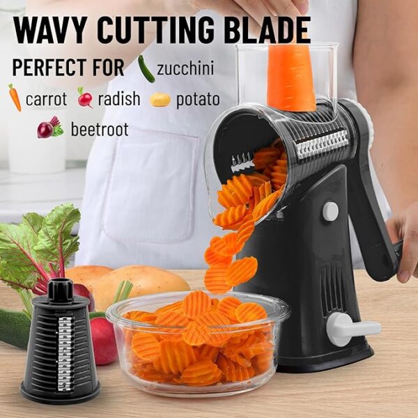 Roll over image to zoom in      7+  6 VIDEOS Zulay Kitchen Rotary Cheese Grater 5 Blade Cheese Shredder - Manual Hand Crank Cheese Grater With Reinforced Suction & 5 Interchangeable Drums - Easy to Use, Vegetable Chopper Round Mandoline Slicer