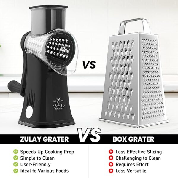 Roll over image to zoom in      7+  6 VIDEOS Zulay Kitchen Rotary Cheese Grater 5 Blade Cheese Shredder - Manual Hand Crank Cheese Grater With Reinforced Suction & 5 Interchangeable Drums - Easy to Use, Vegetable Chopper Round Mandoline Slicer - Image 4