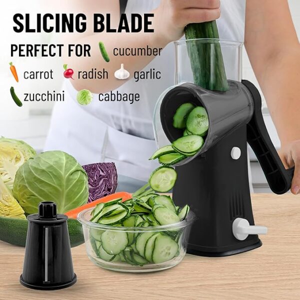 Roll over image to zoom in      7+  6 VIDEOS Zulay Kitchen Rotary Cheese Grater 5 Blade Cheese Shredder - Manual Hand Crank Cheese Grater With Reinforced Suction & 5 Interchangeable Drums - Easy to Use, Vegetable Chopper Round Mandoline Slicer - Image 3