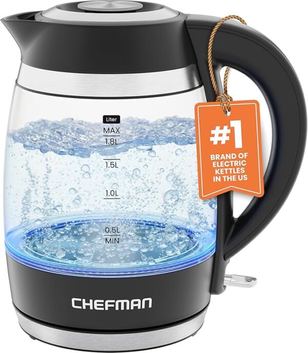 Chefman Electric Kettle, 1.8L 1500W, Hot Water Boiler, Removable Lid for Easy Cleaning, Auto Shut Off, Boil-Dry Protection, Stainless Steel Filter, BPA Free, Borosilicate Glass Electric Tea Kettle - Image 6