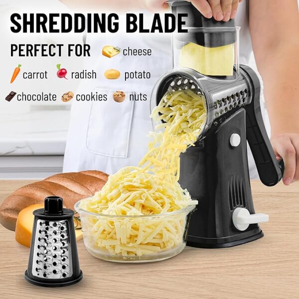 Roll over image to zoom in      7+  6 VIDEOS Zulay Kitchen Rotary Cheese Grater 5 Blade Cheese Shredder - Manual Hand Crank Cheese Grater With Reinforced Suction & 5 Interchangeable Drums - Easy to Use, Vegetable Chopper Round Mandoline Slicer - Image 5